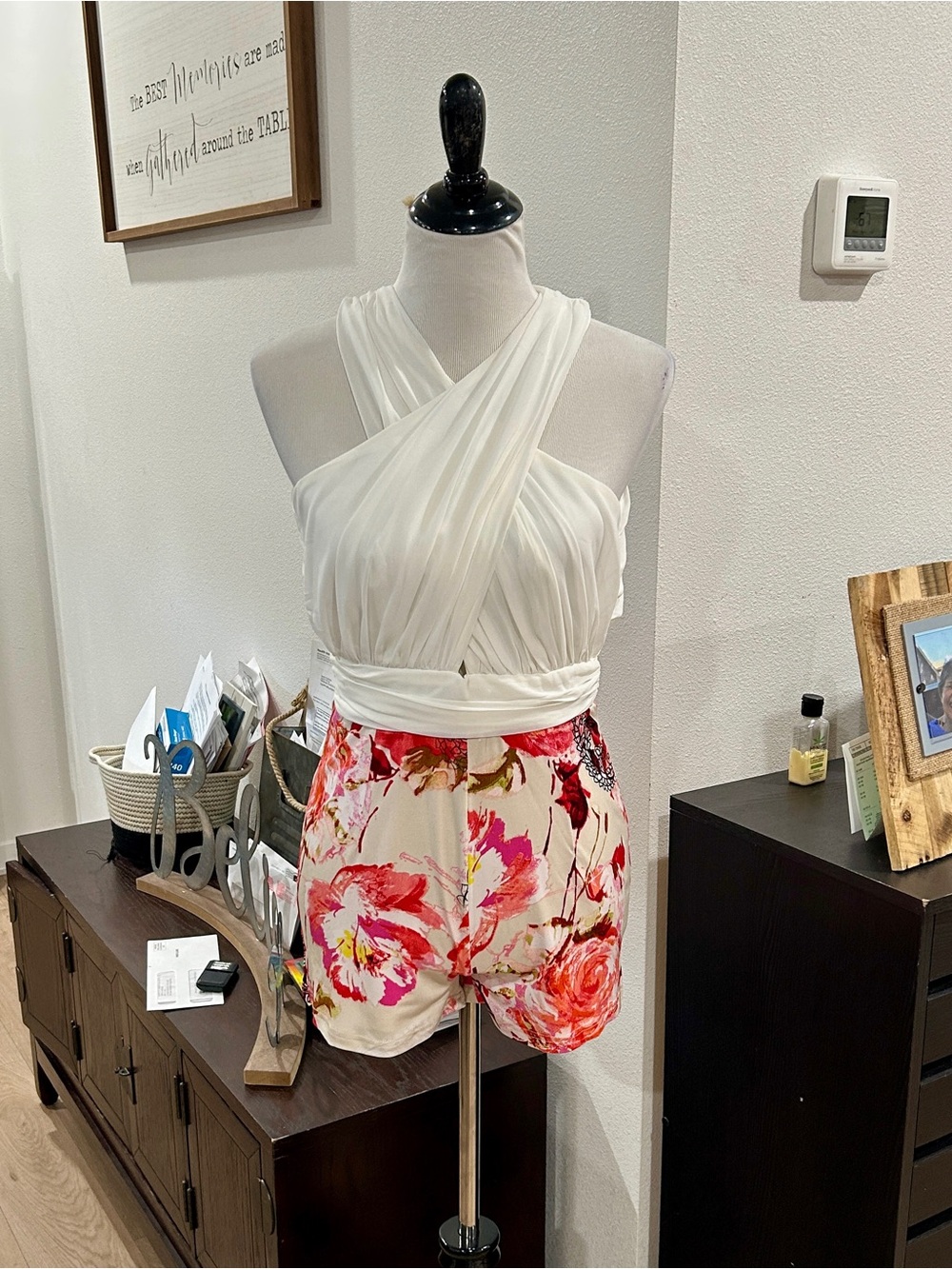 Xtaren White Cross-Front Romper with Pink & Coral Floral Shorts